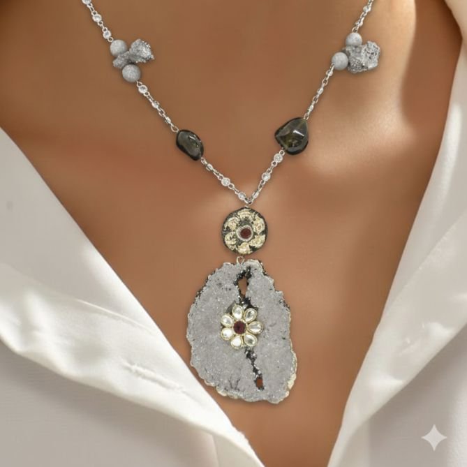 Raw Geode Pendant with Smokey Quartz Mini Tumble Necklace