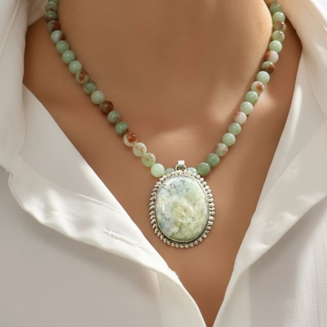 Mose Agate pendent in silver with agate beads