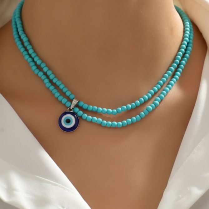 Turquoise beads  Necklace with evileye charm